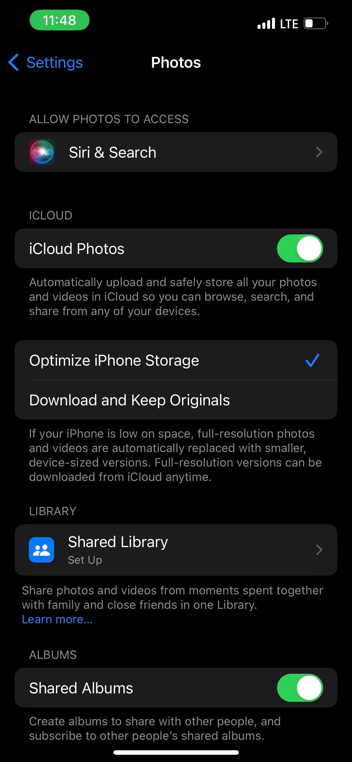 Photos menu on iOS from Settings