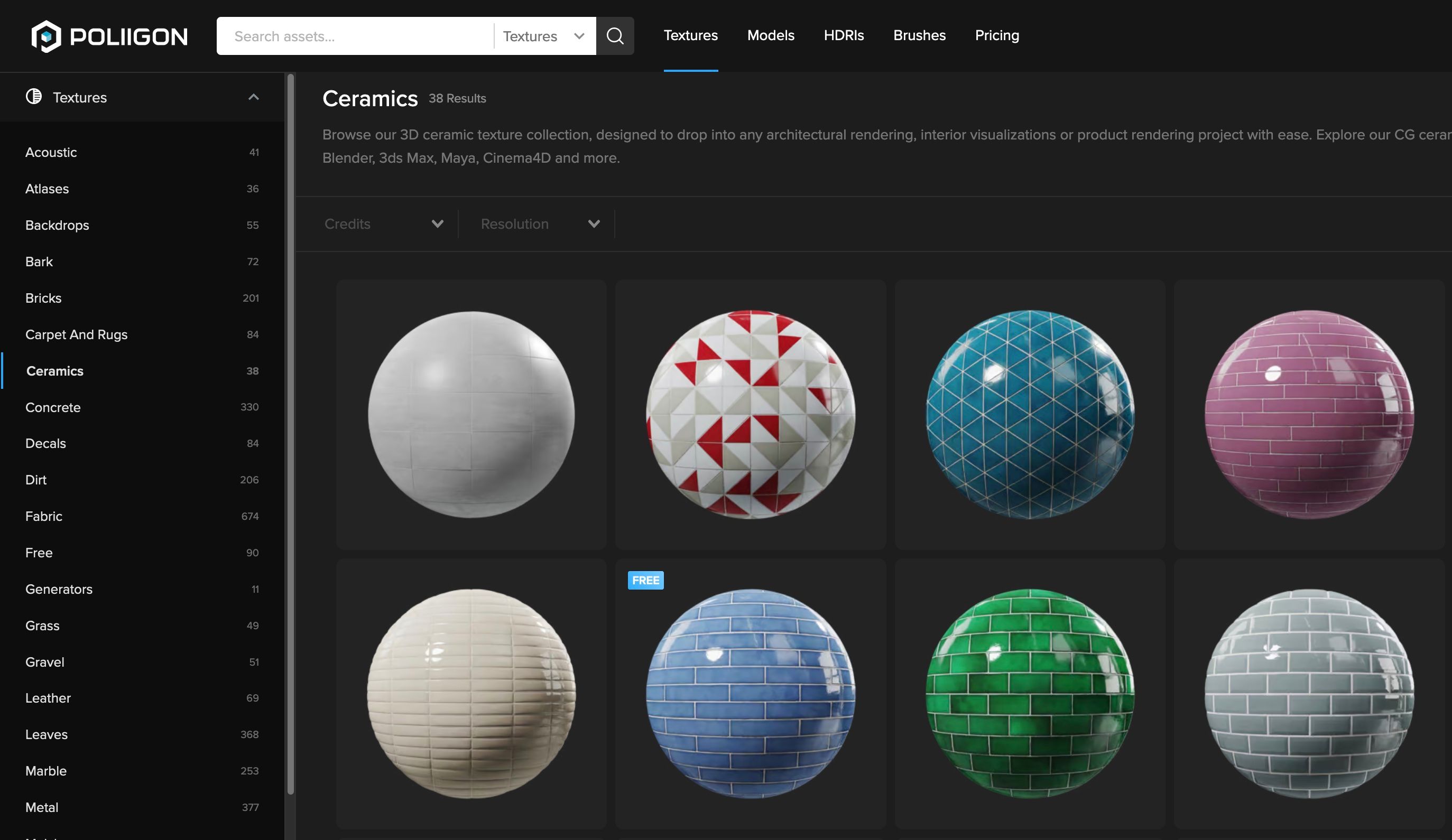 Screenshot showing ceramic textures on the Poliigon website
