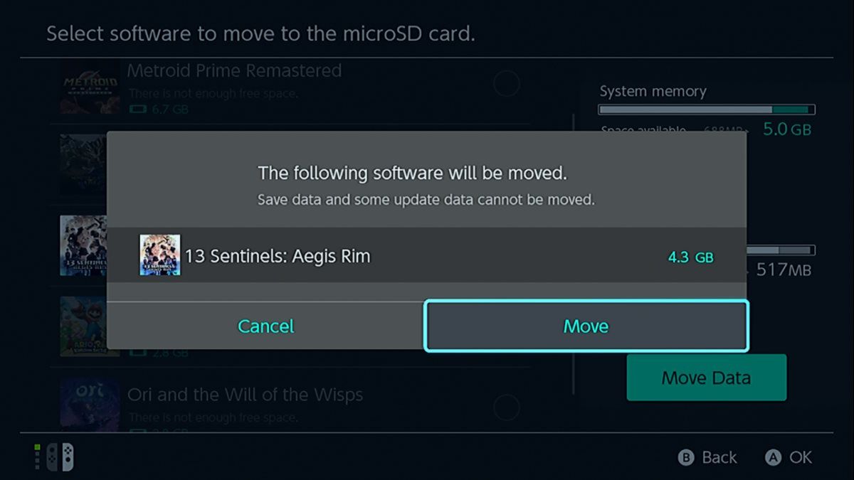 a pop up for moving 13 Sentinels game data to microSD card on Nintendo Switch
