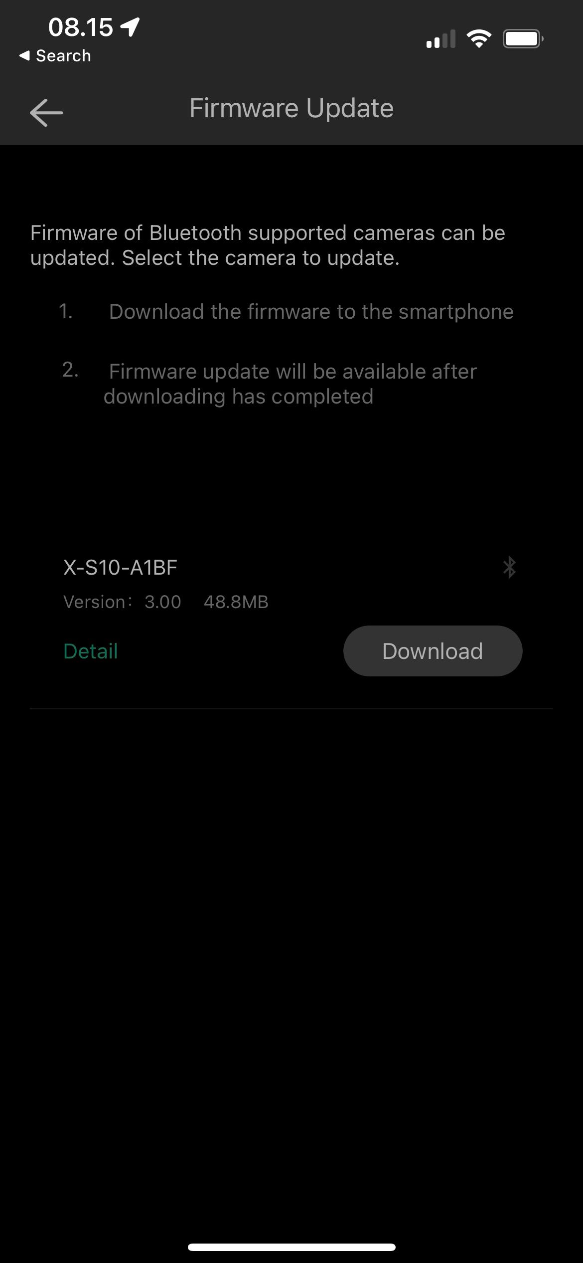 Prompt to Continue Firmware Update for Fujifilm Screenshot