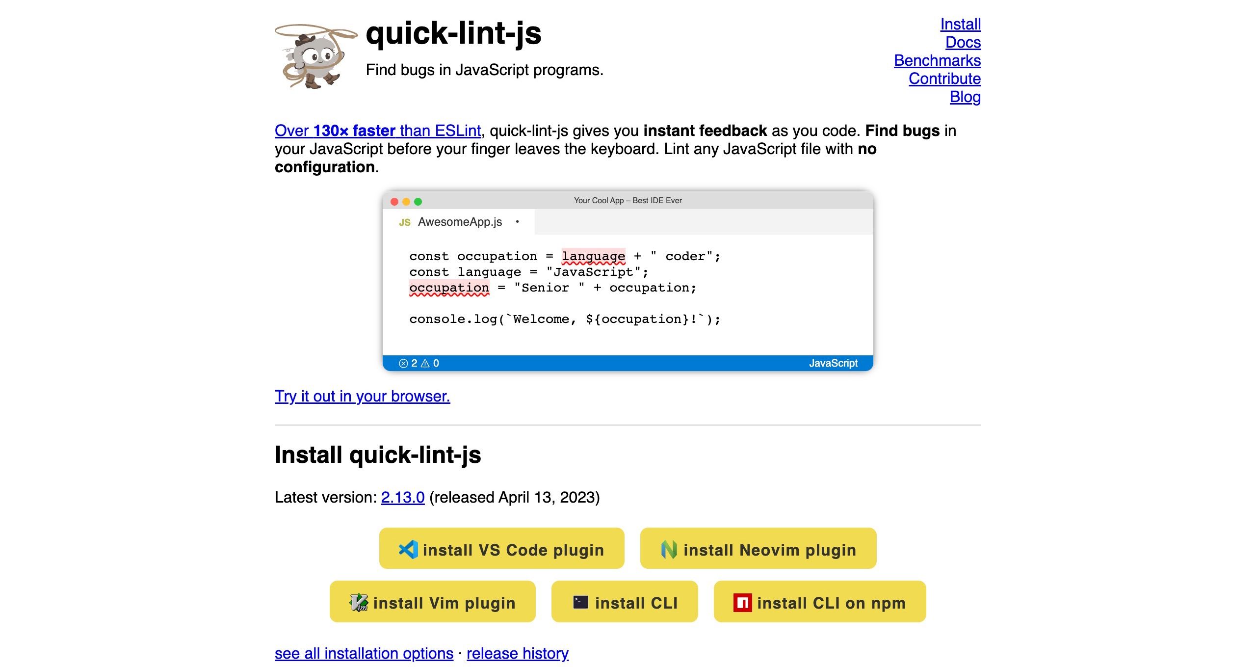 The quick-lint-js home page.