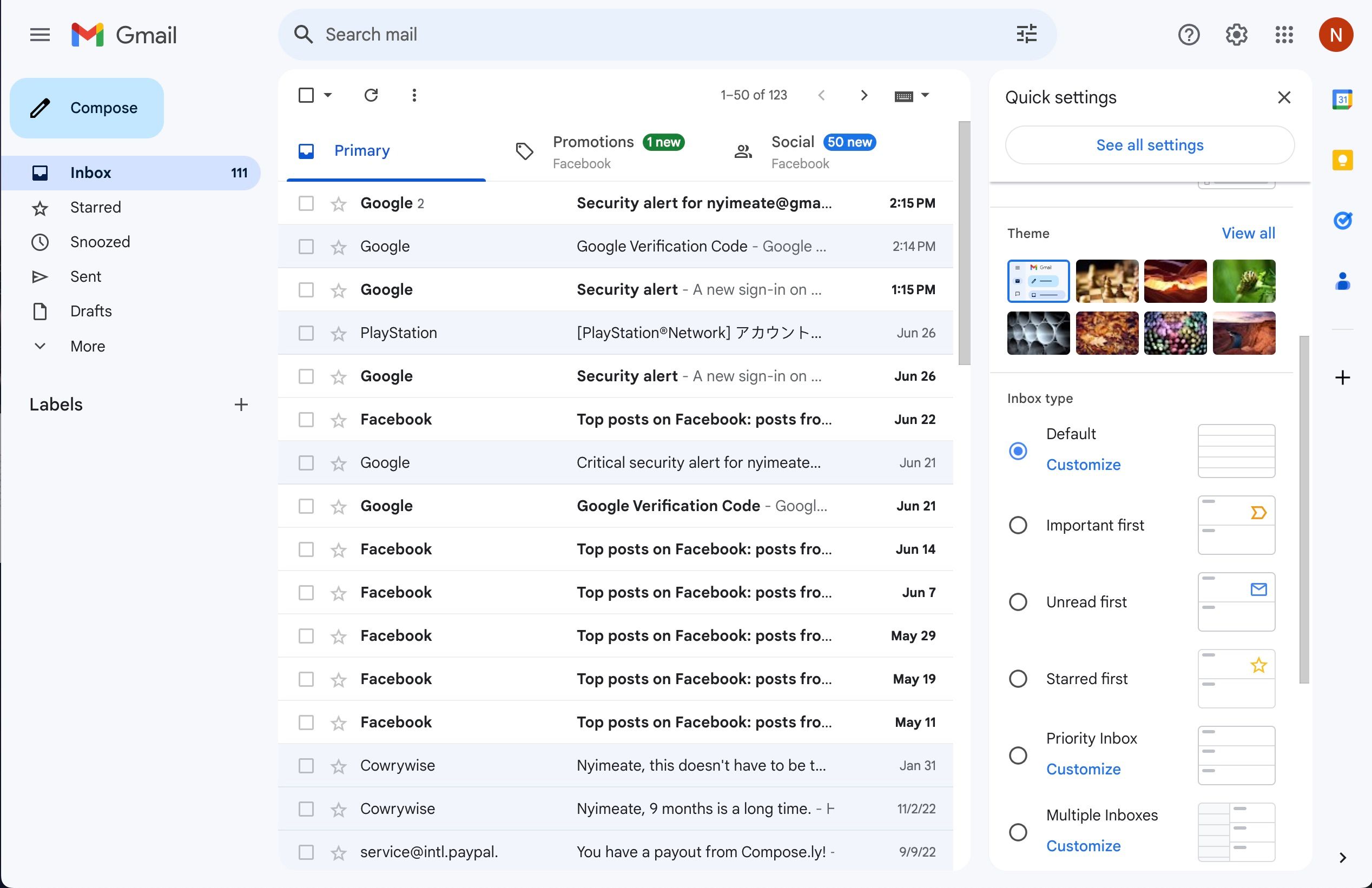 Quick settings menu on Gmail web