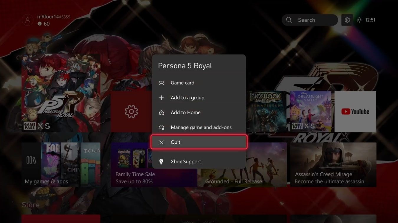 A screenshot of the Menu options for games and apps running in the background of an Xbox Series X 