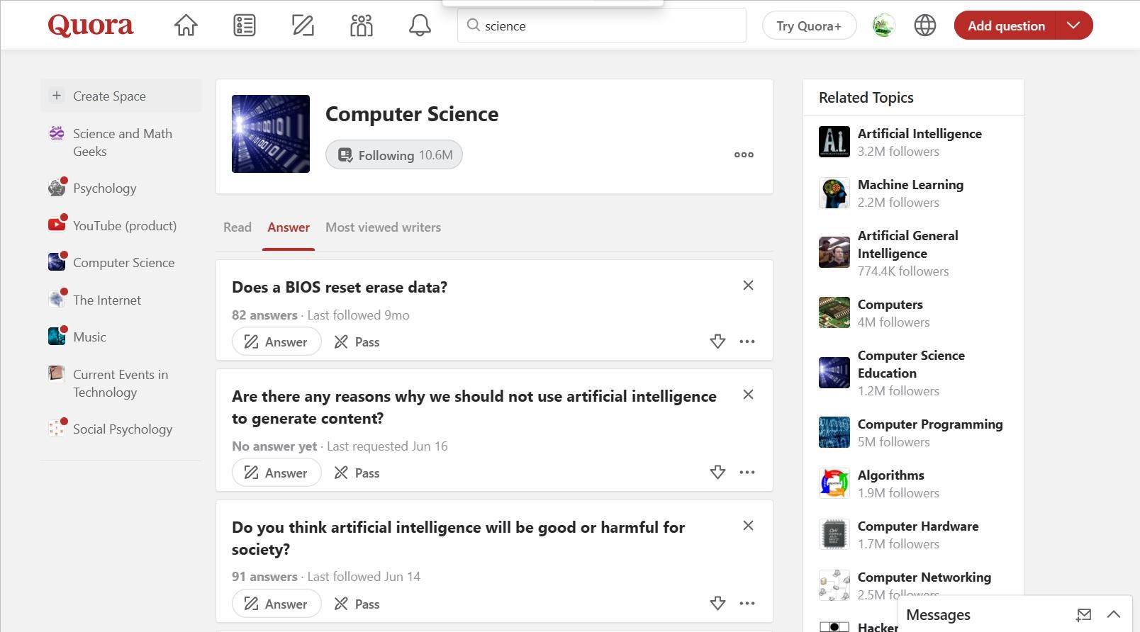 Không gian khoa học máy tính Quora với các câu hỏi