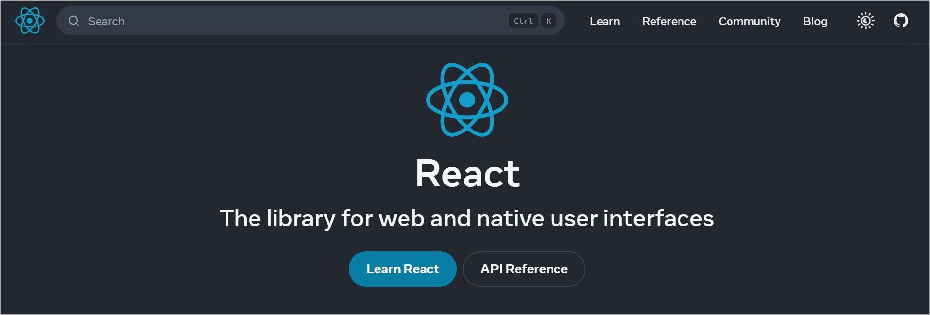 A screenshot of the React homepage