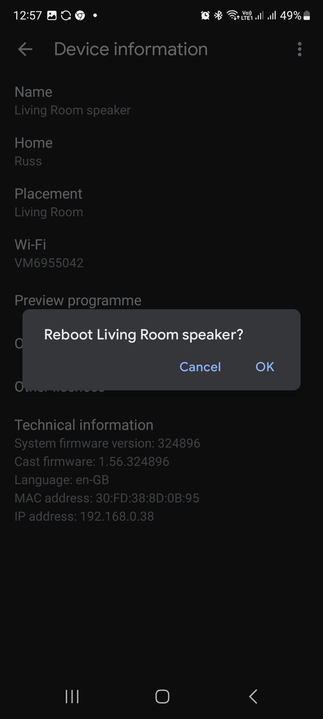 rebooting you google home device in the Home app