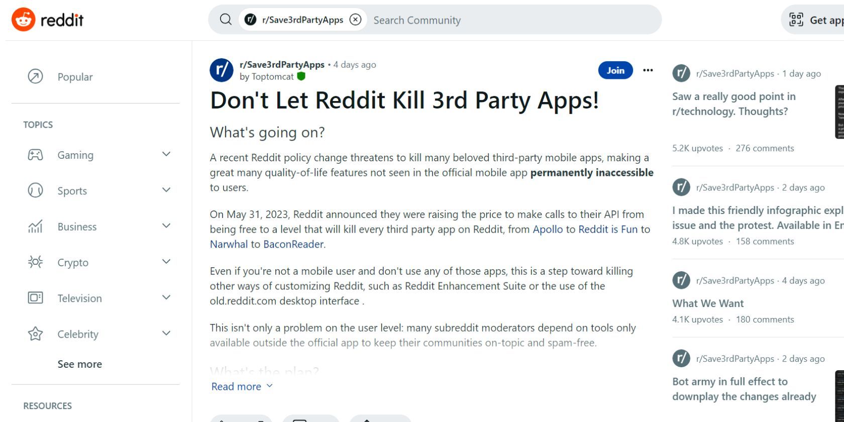 A Reddit post on the desktop version