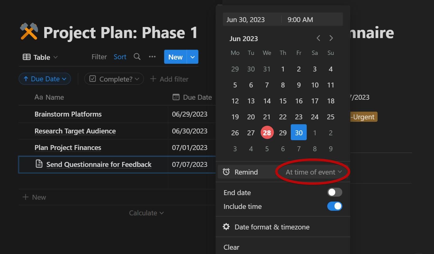 گزینه Remind at time of event در Notion