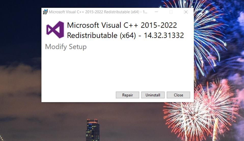Tùy lựa chọn Sửa trị Microsoft Visual C++