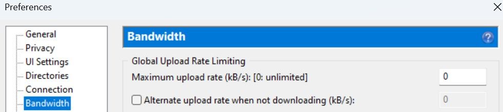 Resetting the Gloal Maximum Upload Rate in uTorrent's Bandwidth Settings