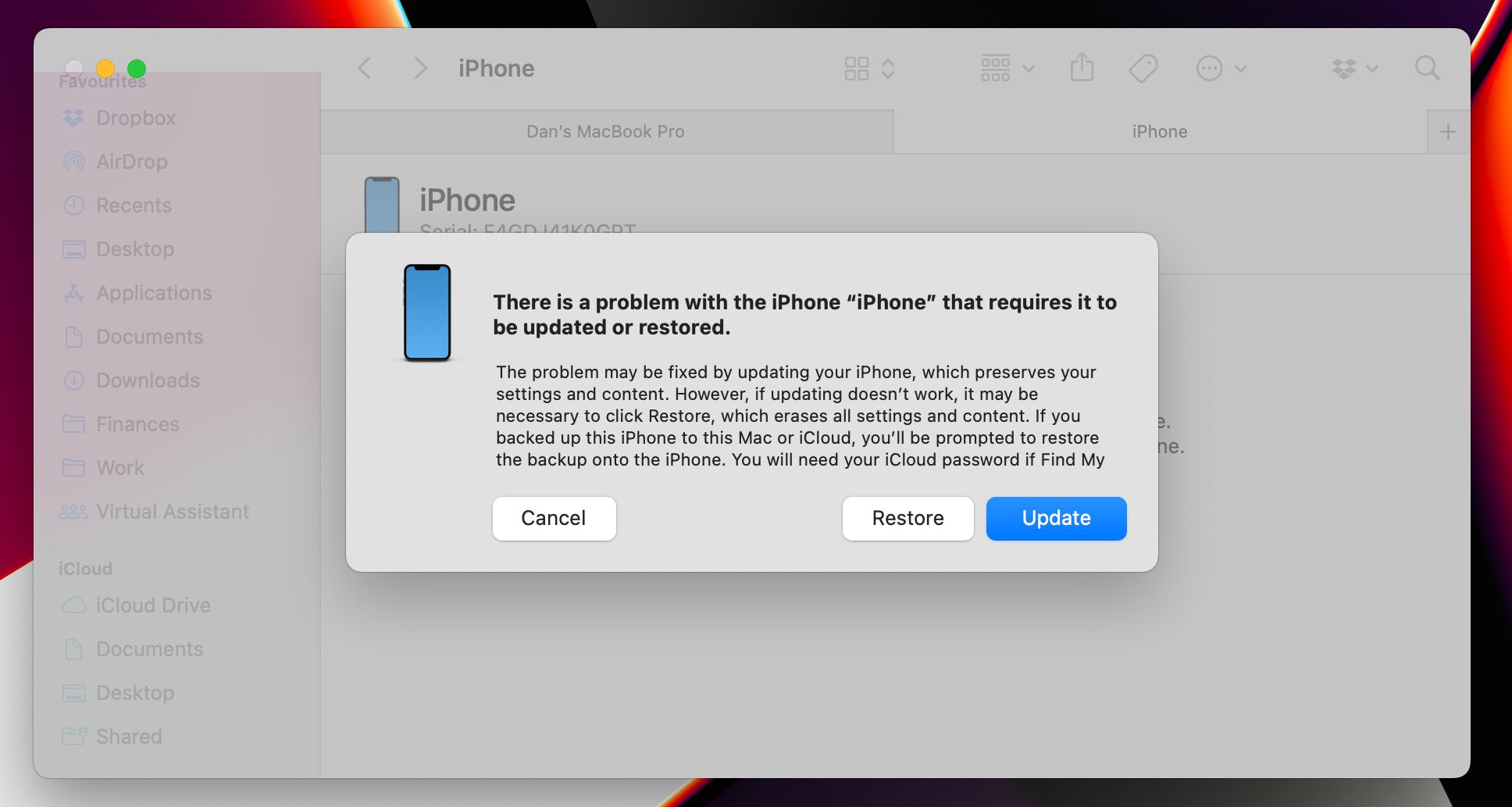 Restore option in Finder for iPhone
