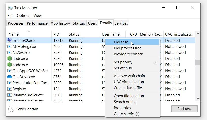 روی فرآیند msinfo32.exe کلیک راست کرده و End task را انتخاب کنید