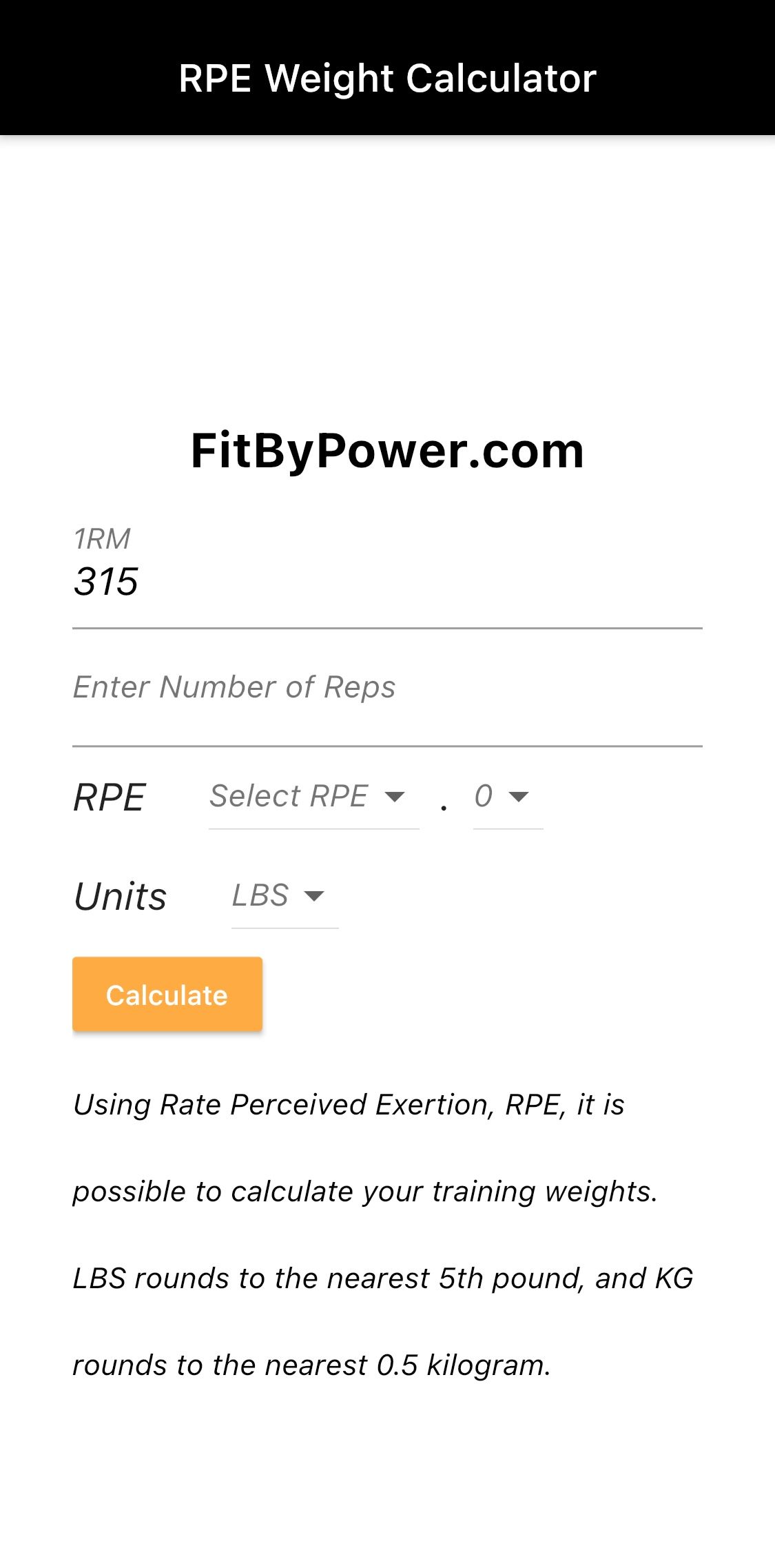 RPE Weight Calculator after inputting one-rep max 