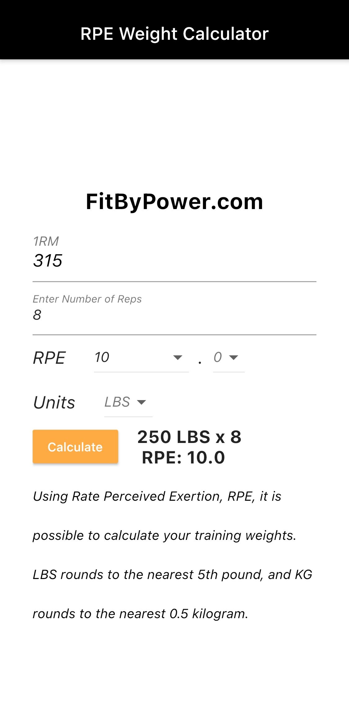 RPE Weight Calculator after showing projected weight 