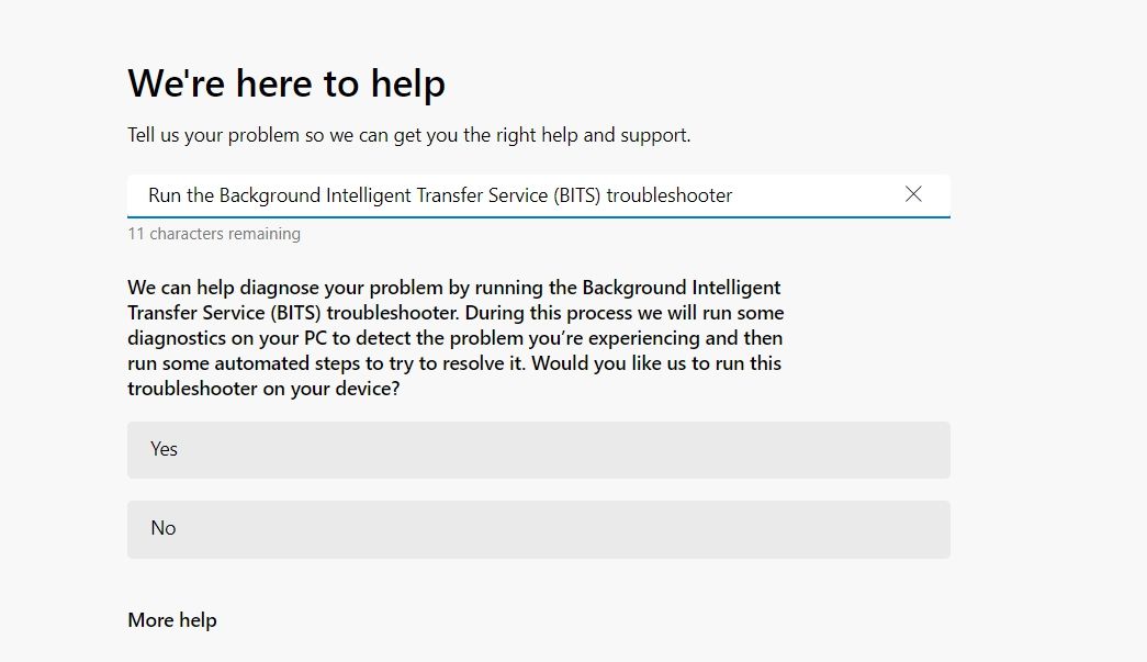 Run the Background Intelligent Transfer Service (BITS) troubleshooter in the Get Help app