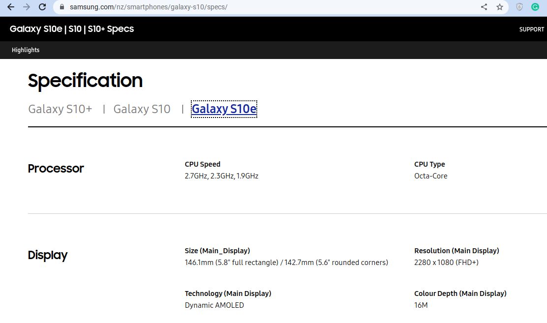 مشخصات سامسونگ S10e در وب سایت سامسونگ نمایش داده می شود
