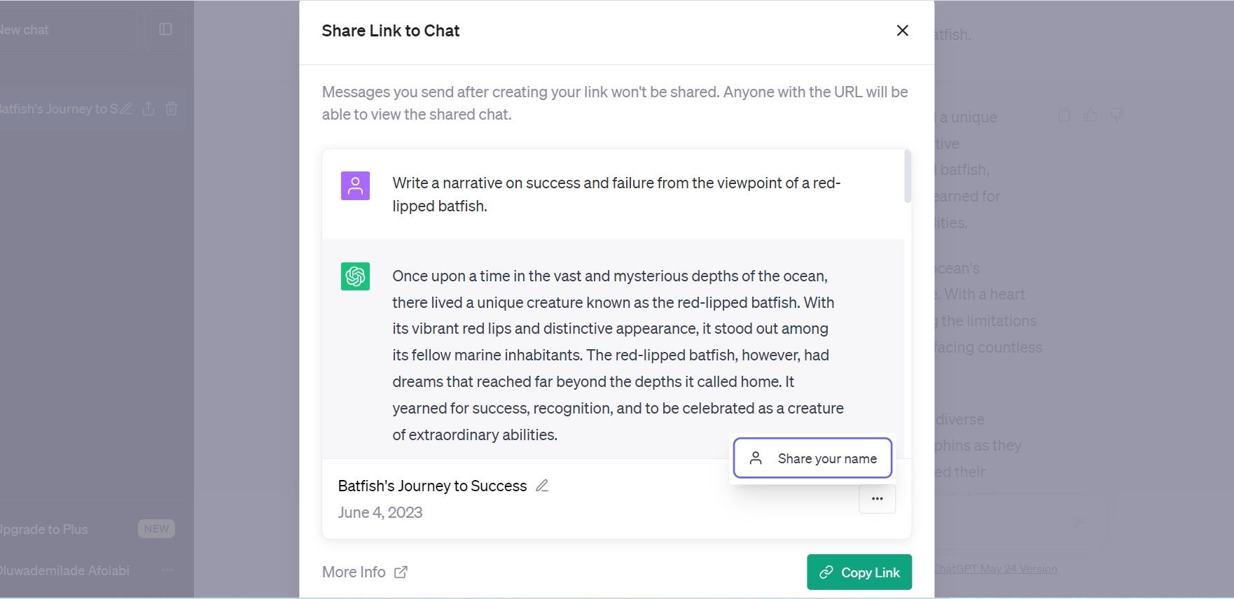 Screenshot of sharing link to ChatGPT chat