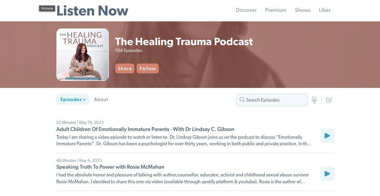 Ảnh chụp màn hình trang web podcast Healing Trauma