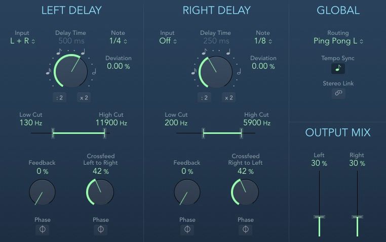 پلاگین Stereo Delay در Logic Pro X با حالت پینگ پنگ