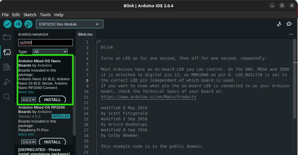 اسکرین شات برای جستجوی rp2040 در Arduino IDE