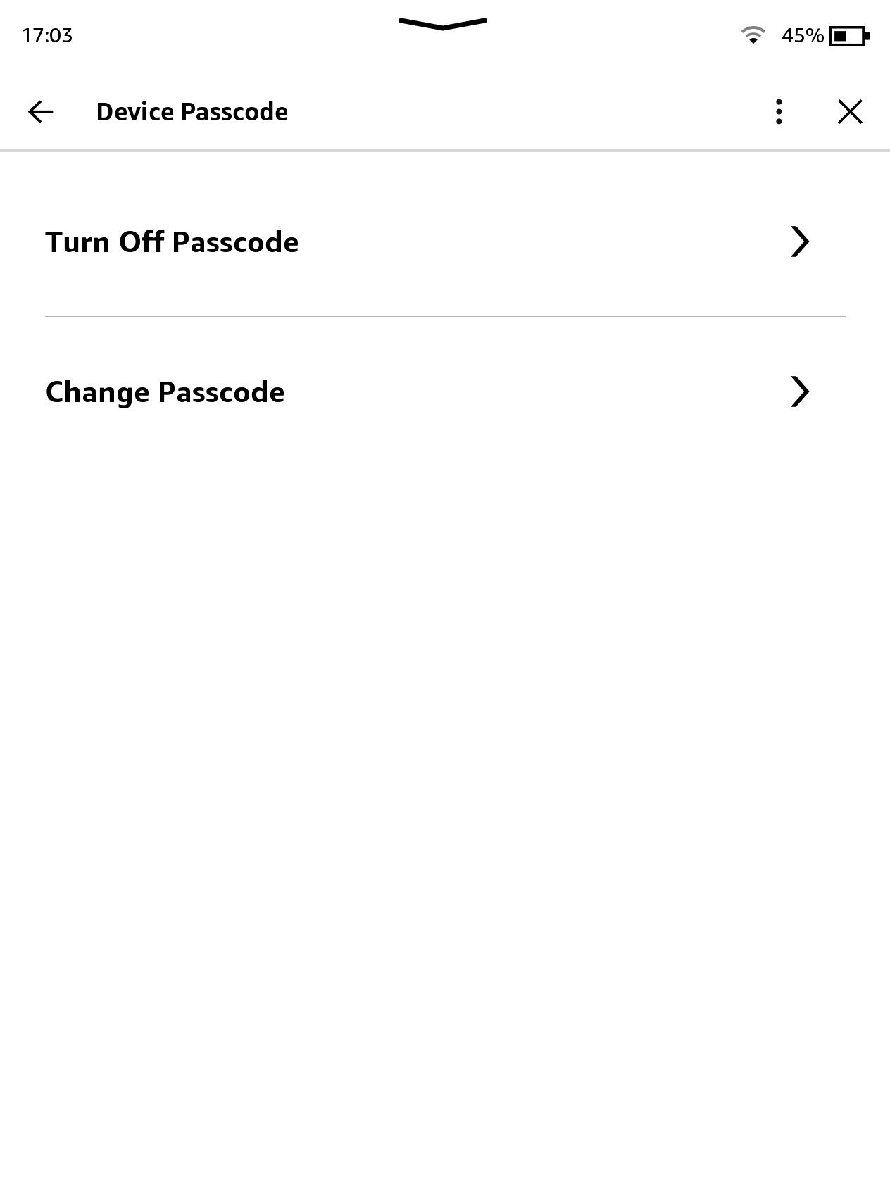 Screenshot of Amazon Kindle Device Passcode options