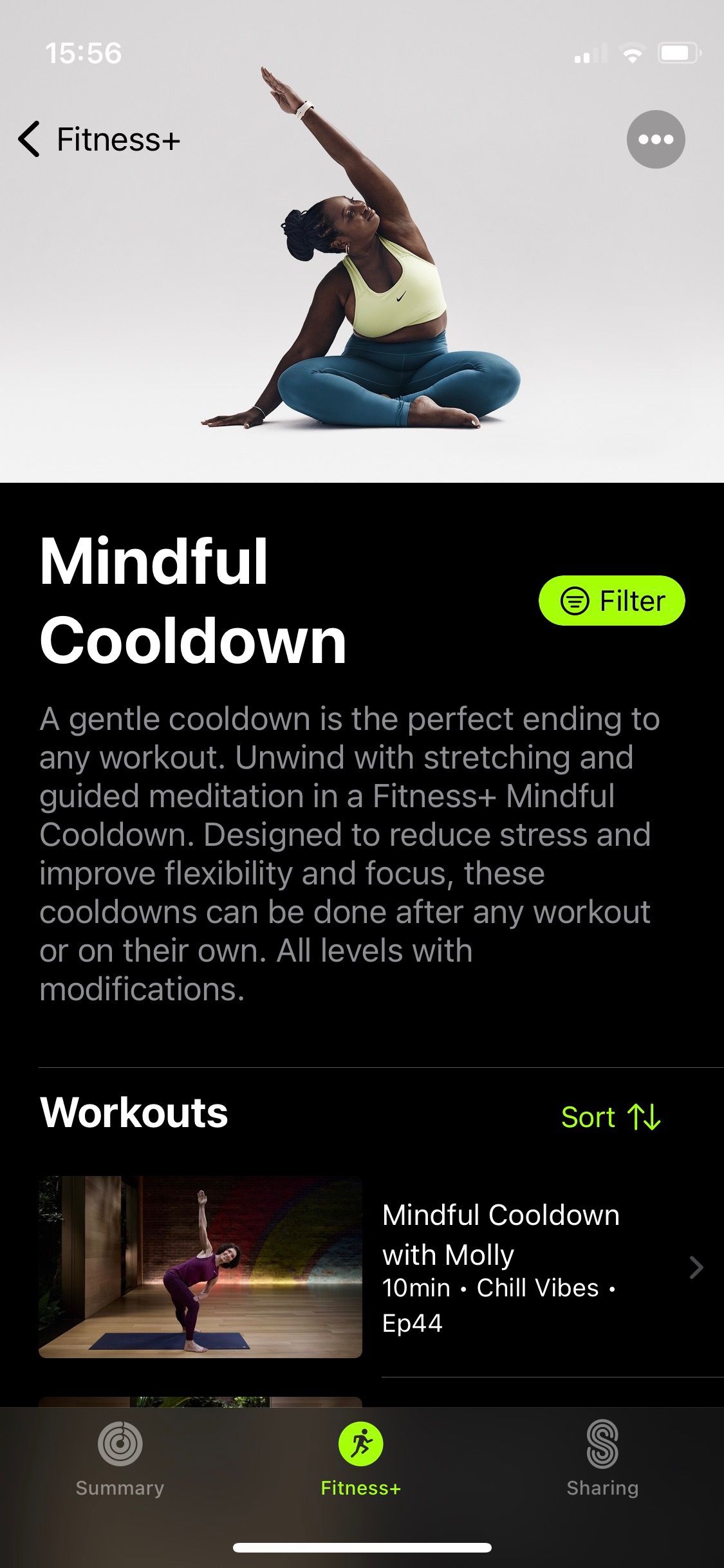 اسکرین شات از بخش Mindful Cooldown برنامه Apple Fitness+