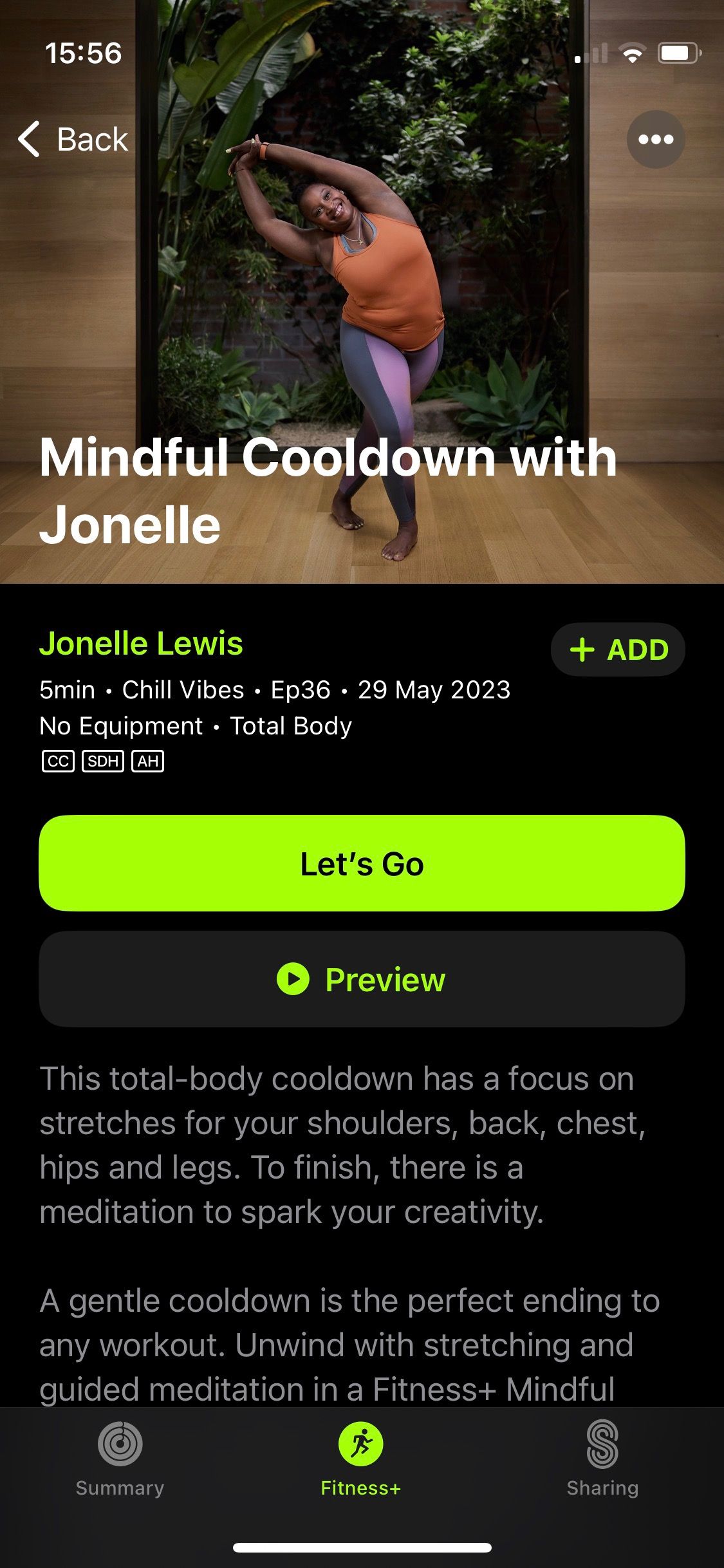 اسکرین شات از برنامه Apple Fitness+ Mindful Cooldown with Jonelle