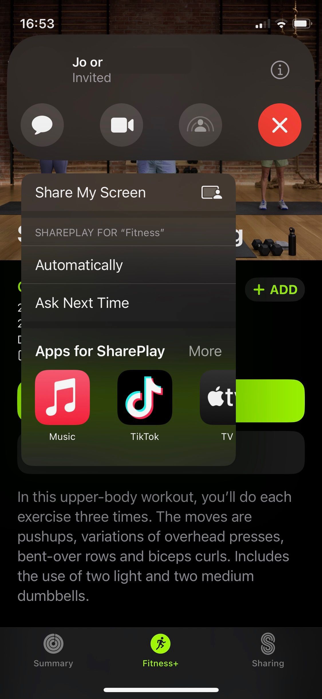 تصویر صفحه تمرین Apple Fitness+ با گزینه های Shareplay نشان داده شده است