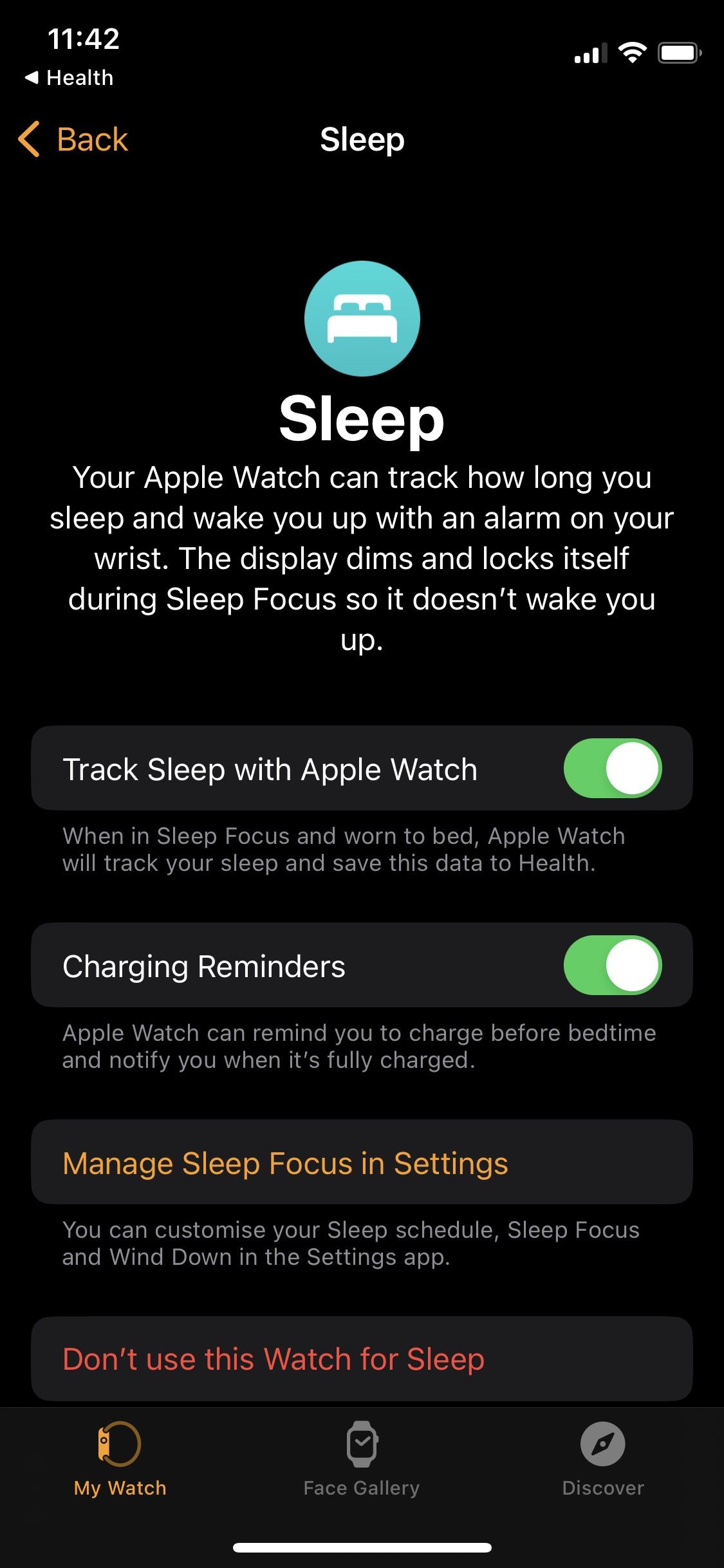 Screenshot of Apple Watch Sleep settings