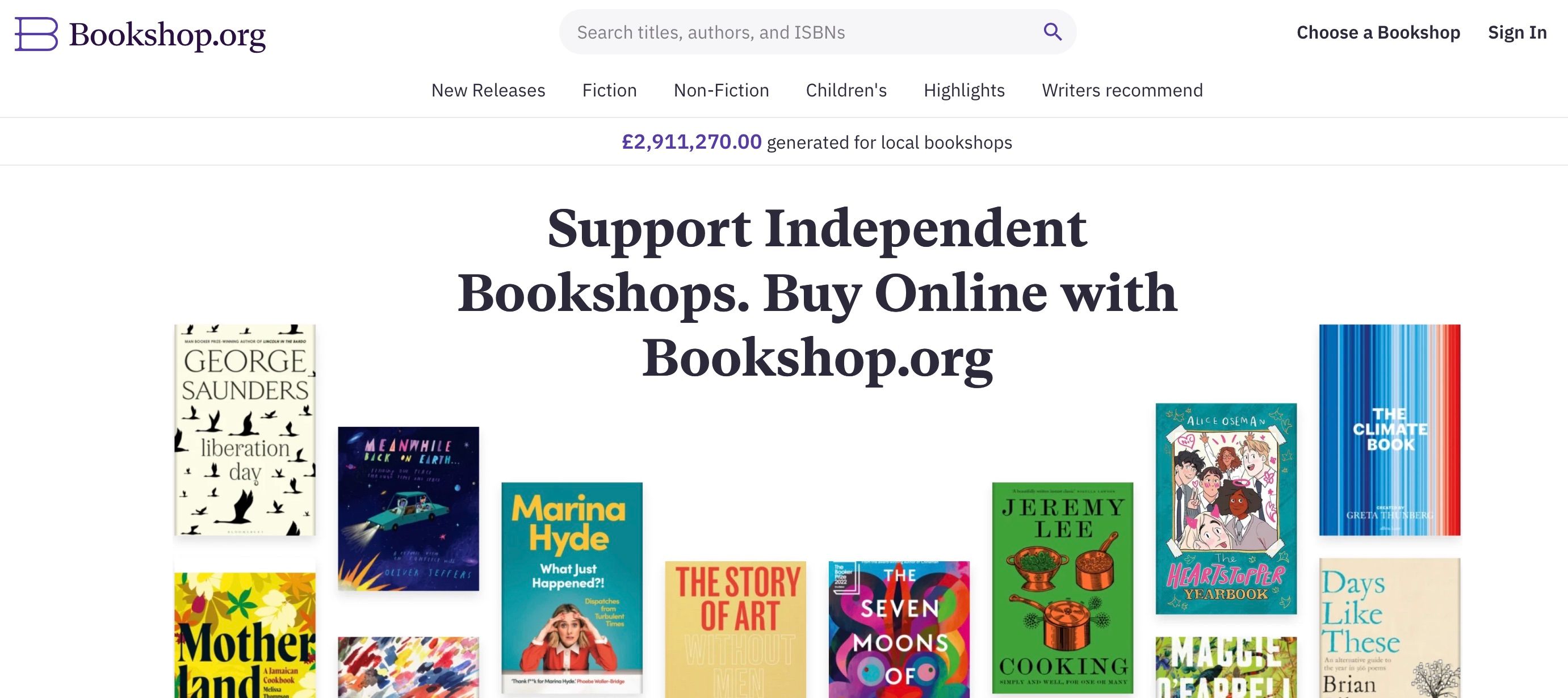 Screenshot of bookshop.org website home page