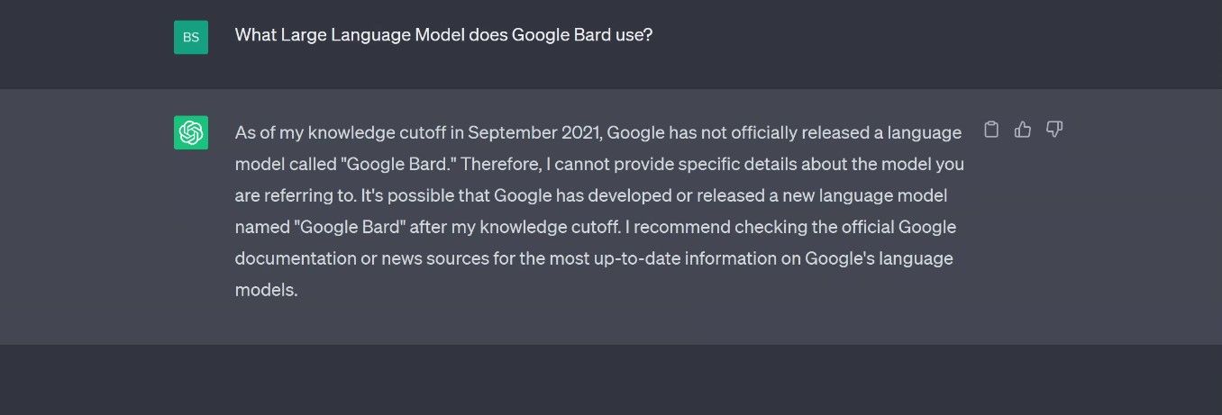 اسکرین شات ChatGPT در پاسخ به سوال درباره Google Bard