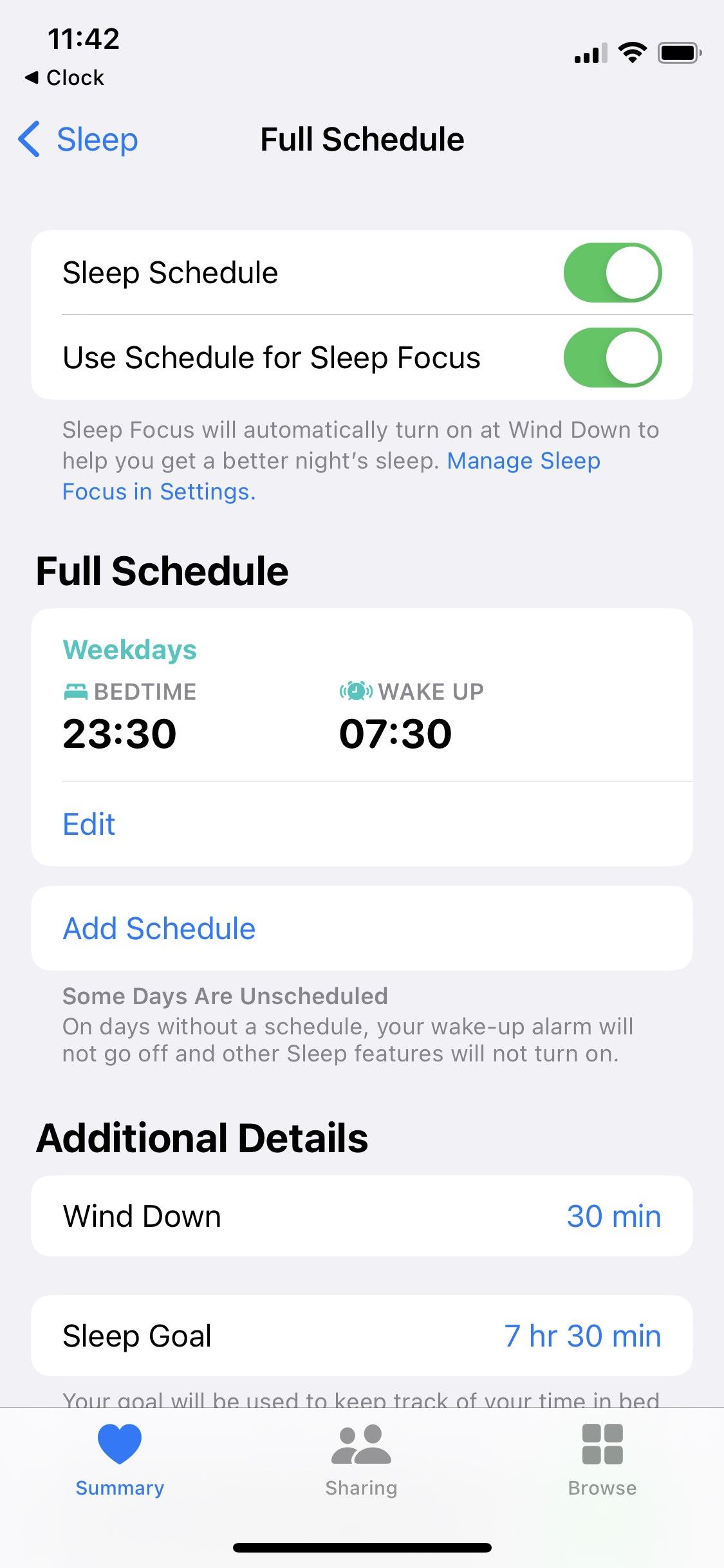 Screenshot of iOS Sleep schedule settings