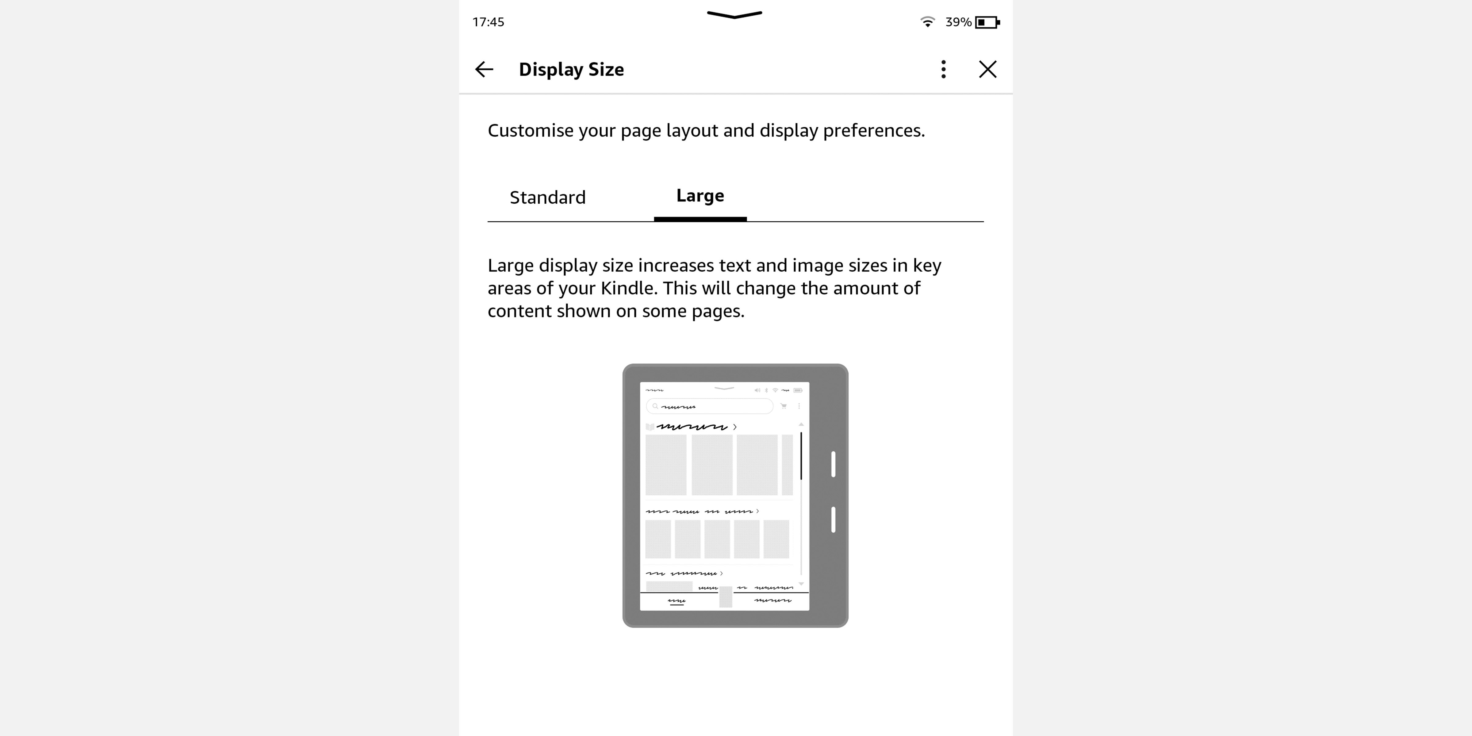 Screenshot of Kindle Oasis Large Display feature menu