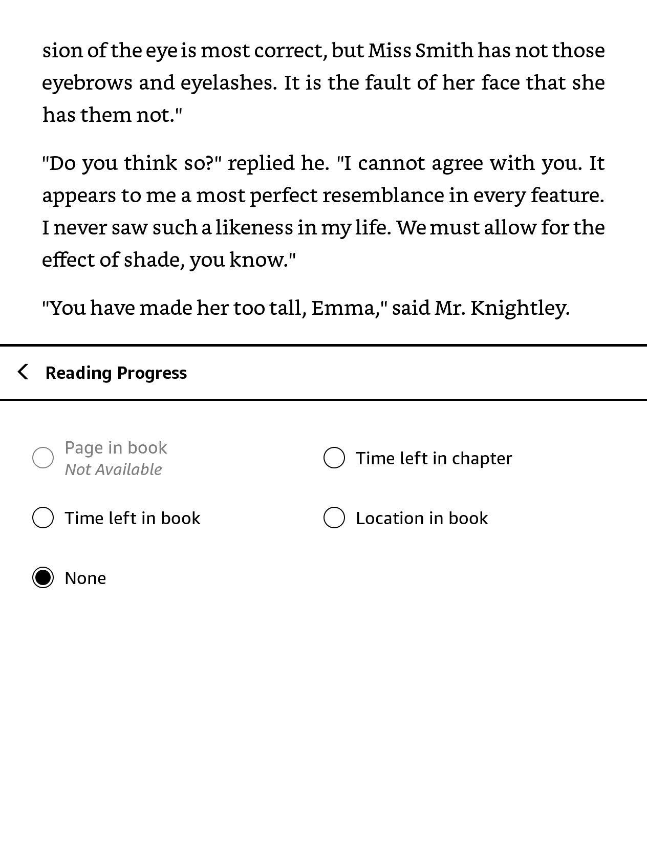 Screenshot of Kindle showing reading progress options