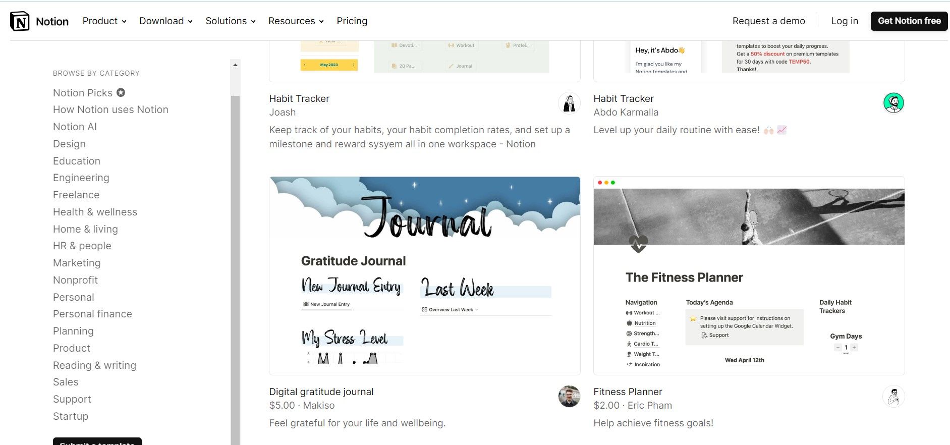 Screenshot of Notion Fitness Progress and Journal templates