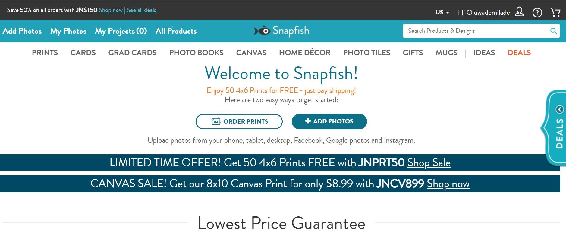 Screenshot of Snapfish Homepage