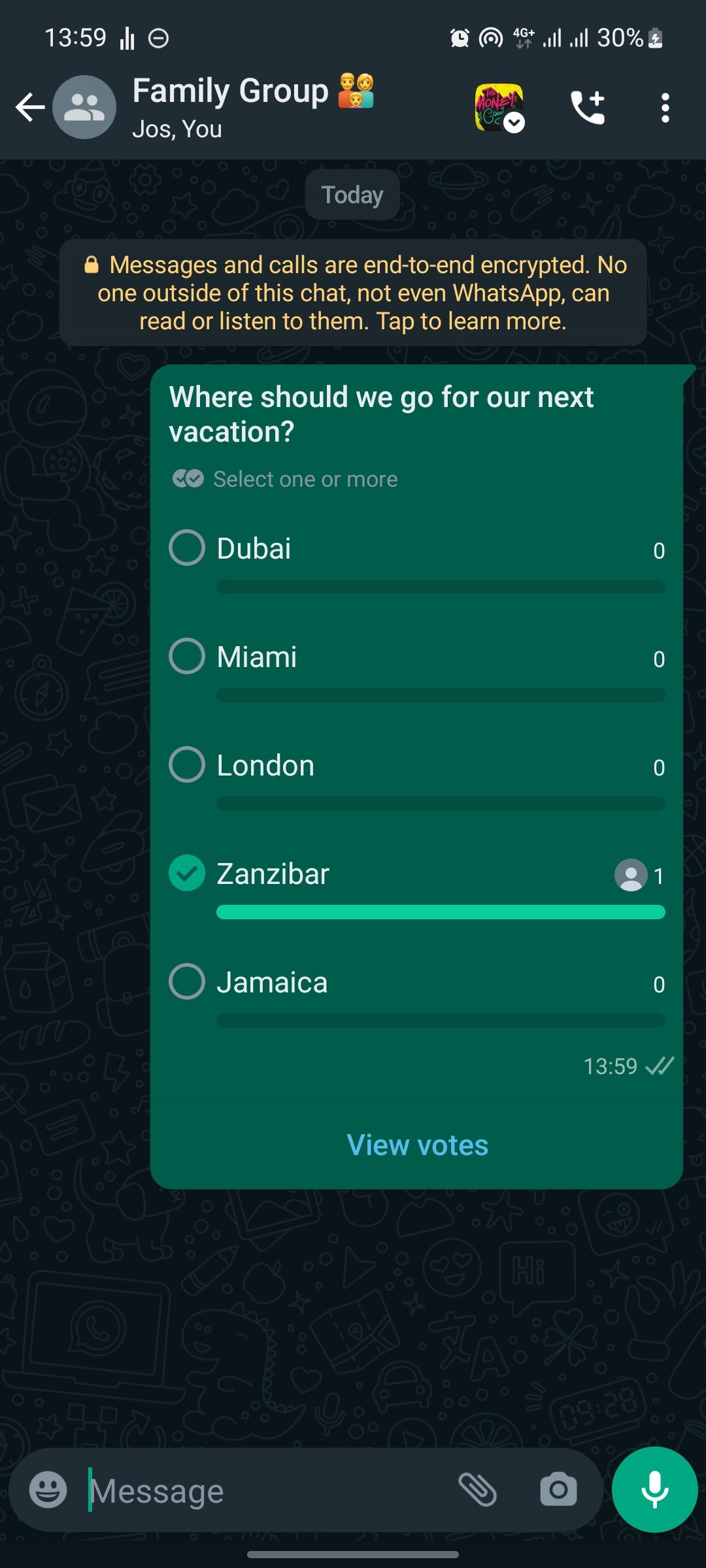 screenshot showing open whatsapp conversation with poll