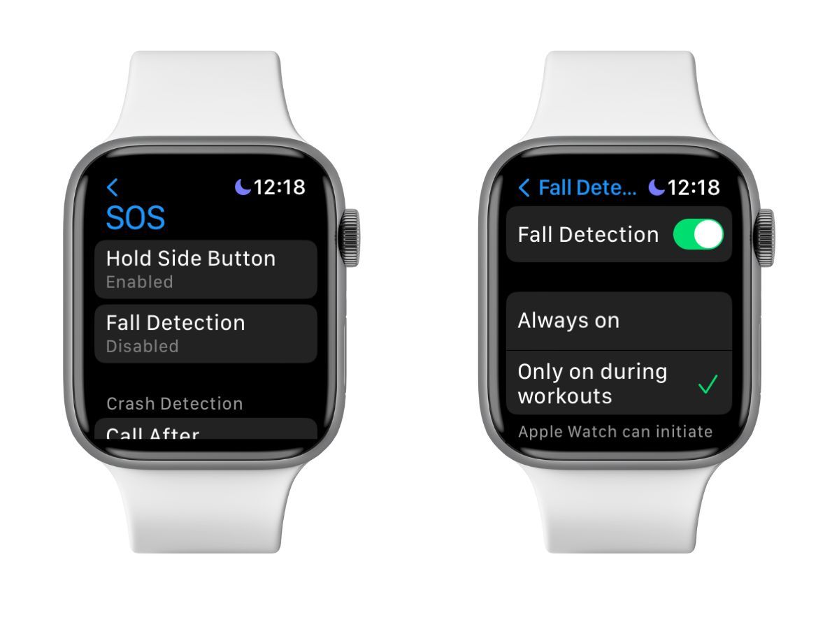 Screenshots of Apple Watch Fall Detection feature