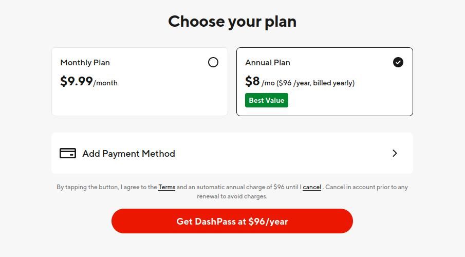 انتخاب طرح اشتراک ماهانه یا سالانه در وب سایت doordash