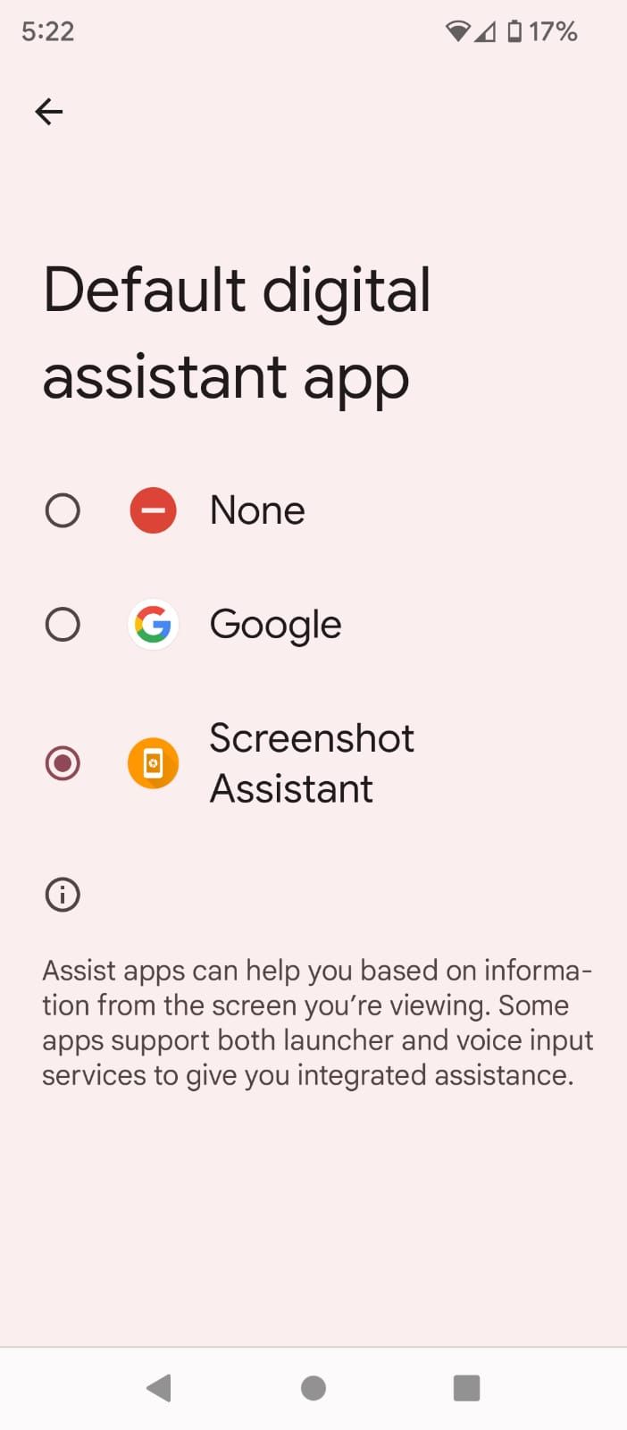 Selecting Screenshot Assistant as the default assistant app
