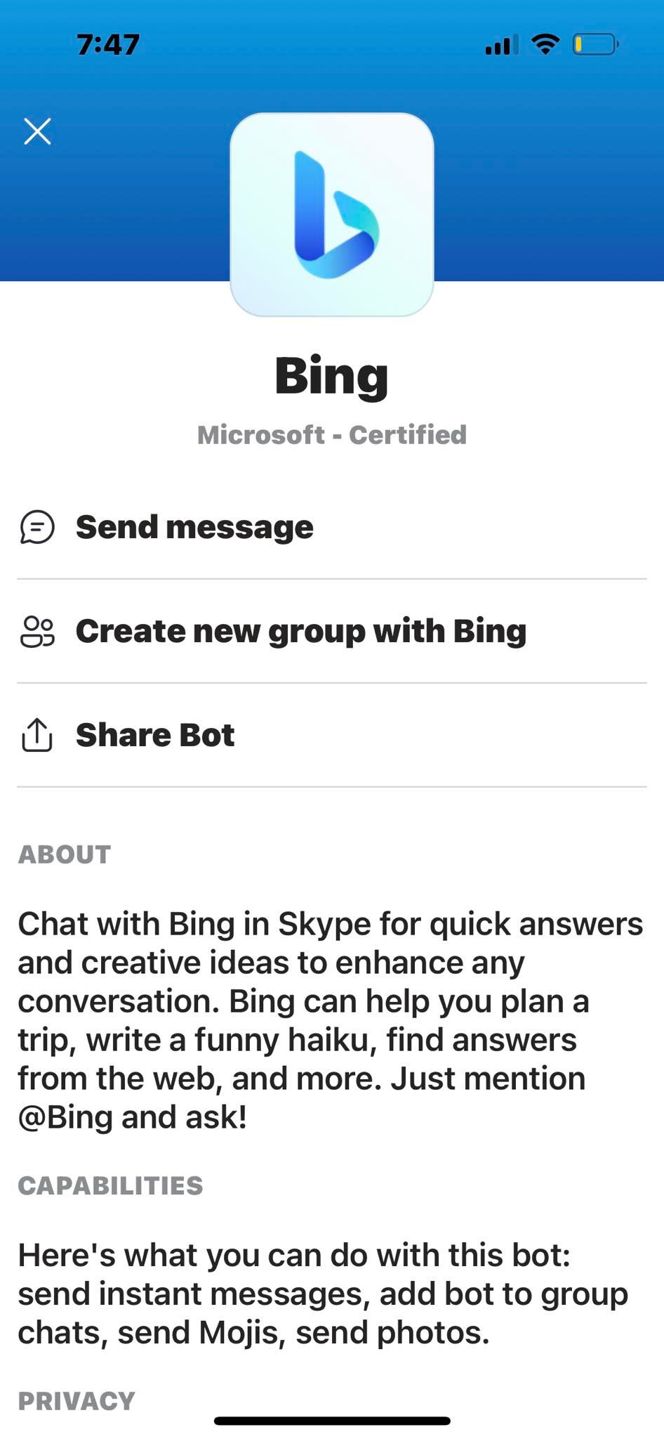 Tùy chọn gửi tin nhắn trên hồ sơ Bing của Skype