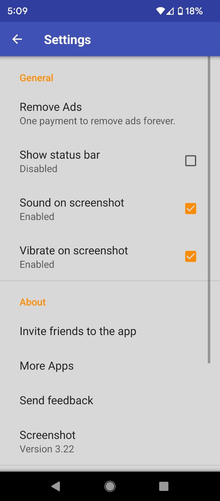 Settings menu in Screenshot