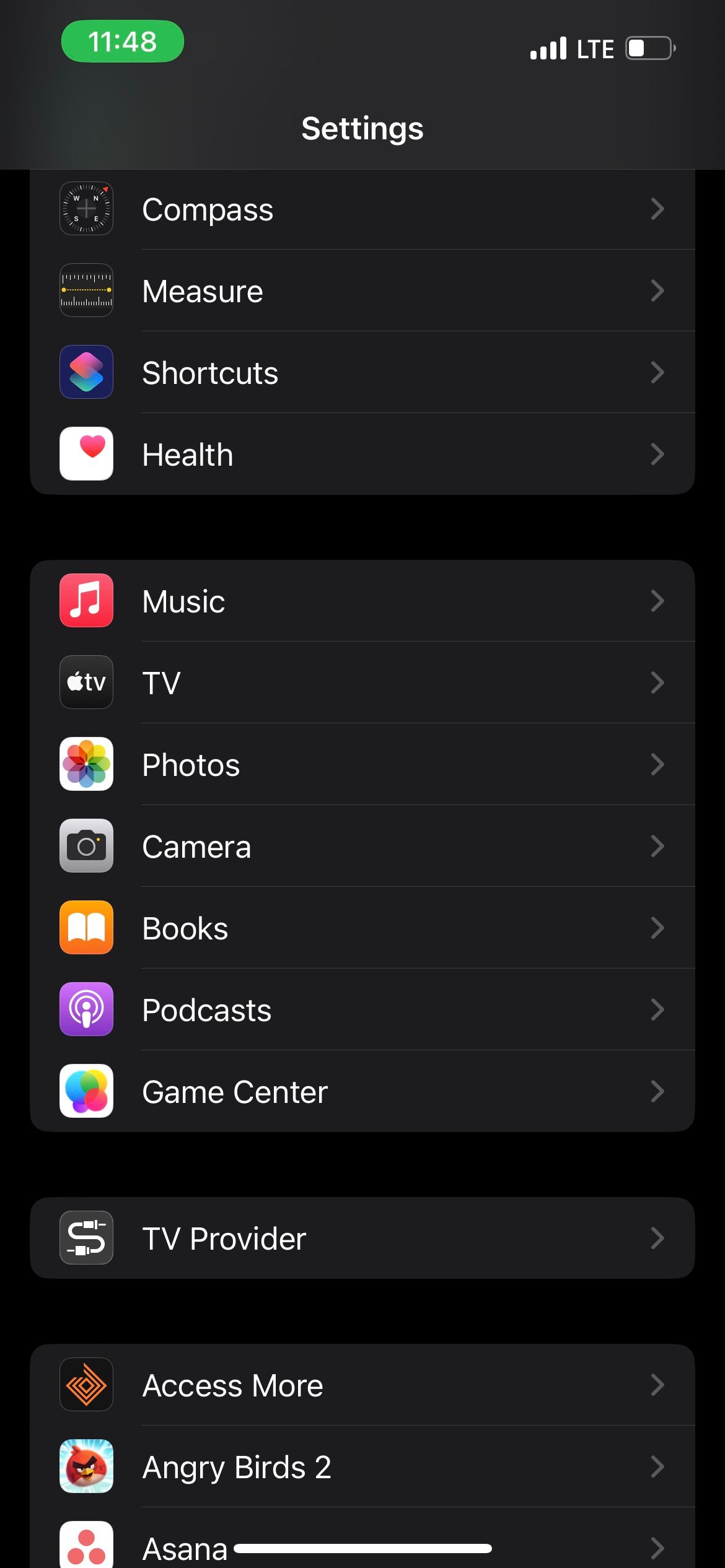 Settings menu on iOS 