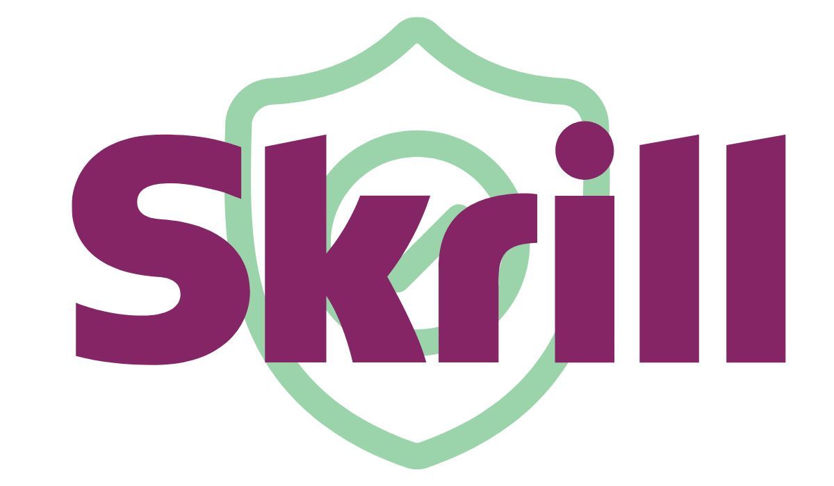 Logo Skrill và biểu tượng bảo mật trên nền trắng