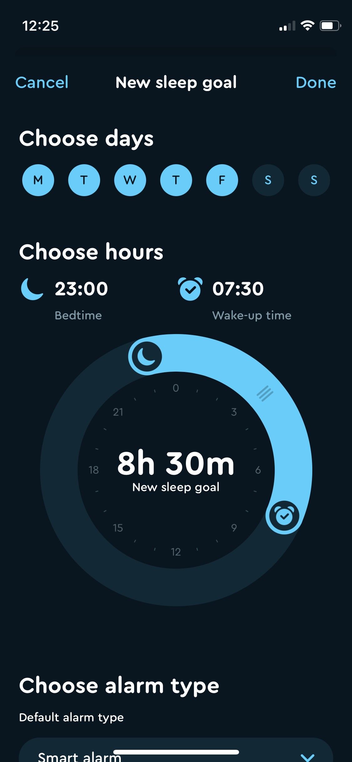 Sleep Cycle app - set sleep goal