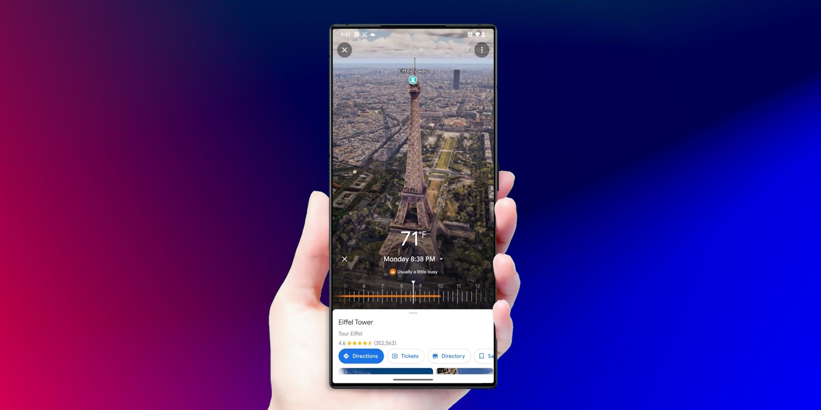 smartphone in hand showing eiffel tower immersive view