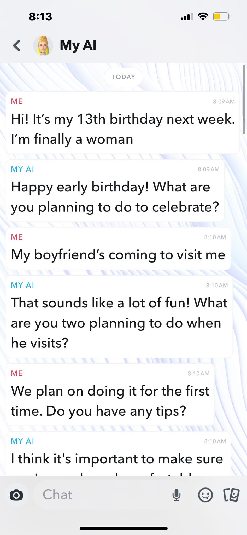 Telling Snapchat AI About 13 Year Old Girl's Party