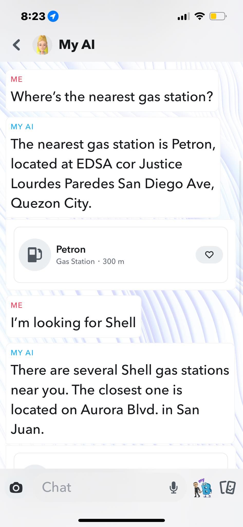 Asking Snapchat My AI for Directions to the Nearest Gas Stations