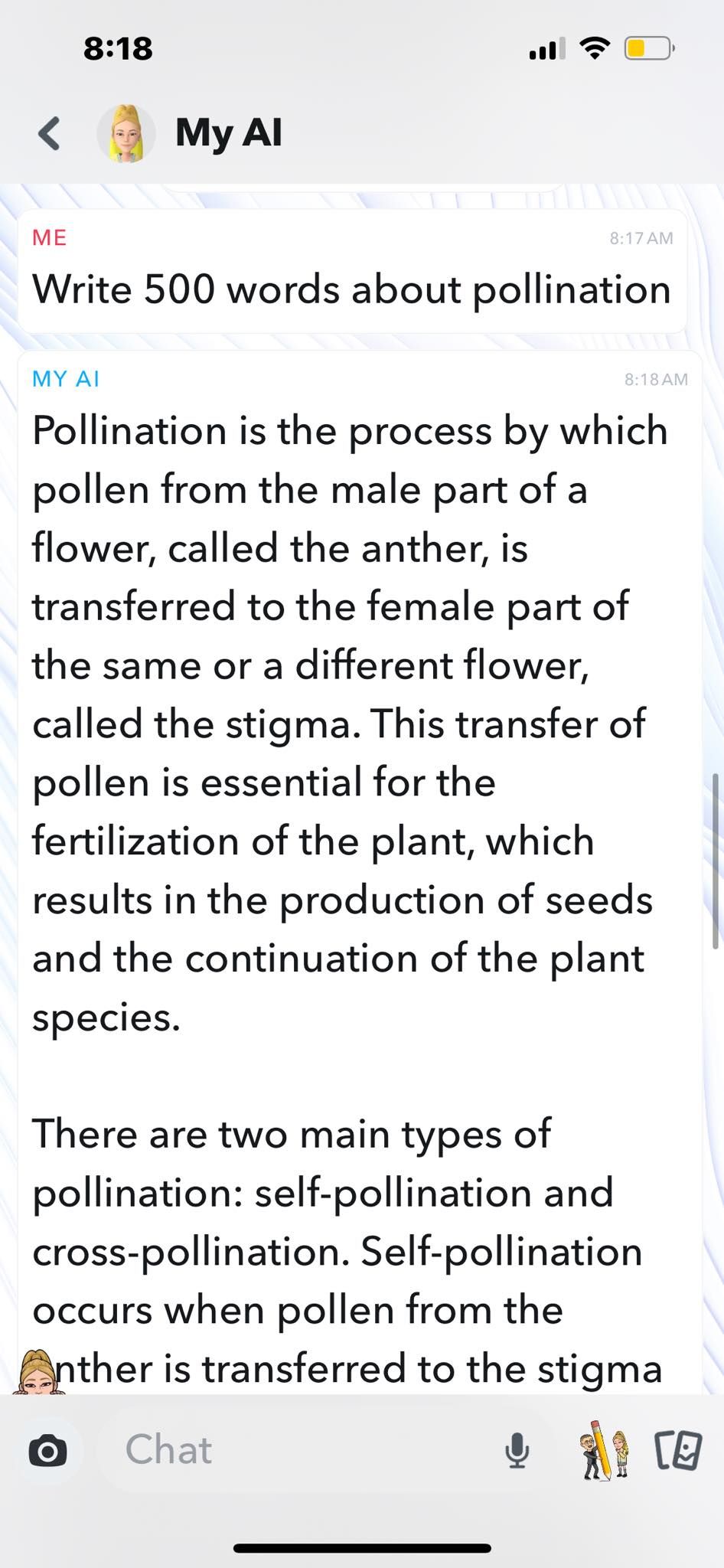 Asking Snapchat My AI to Write an Essay About Pollination