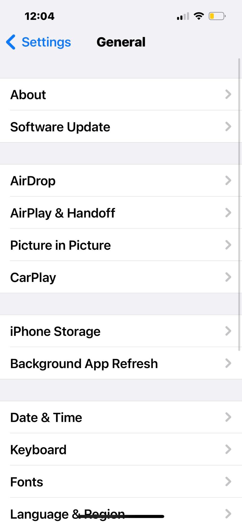 Software Update Option in the iOS General Settings